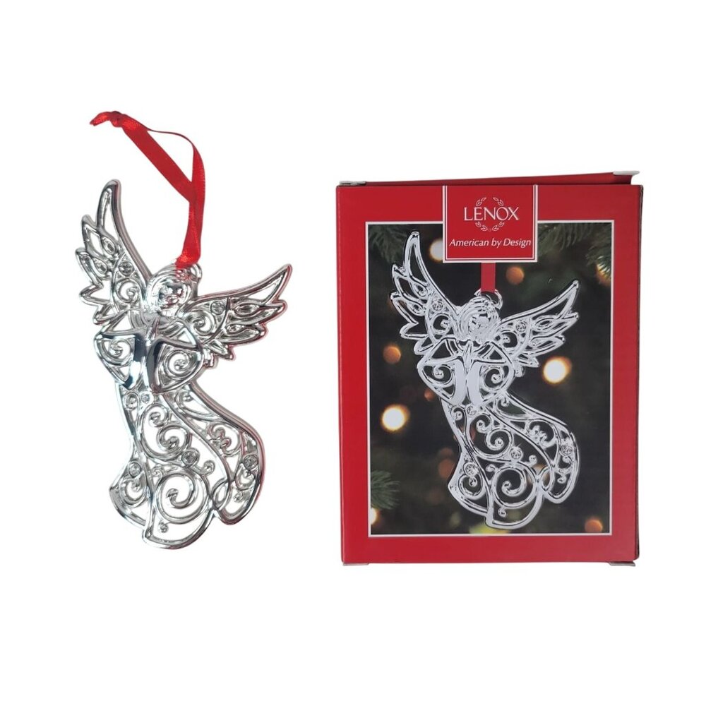 Lenox Sparkle and Scroll Ornament Clear Angel Silver Plated 4.8" NEW WITH BOX